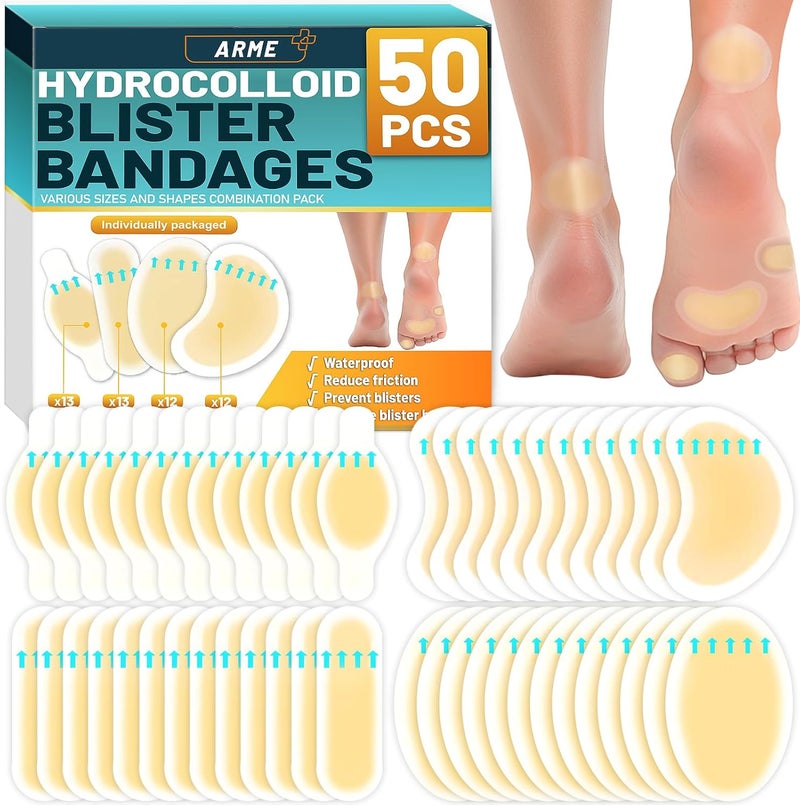 Arme Hydrocolloid Bandages, 50Pcs Gel Blister Bandages for Feet, Waterproof Blister Pads Blister Cushions for Prevention & Recovery, Blister Bandaids for Heel Foot Toe Protection(4 Shape Variety Pack) - Image 1